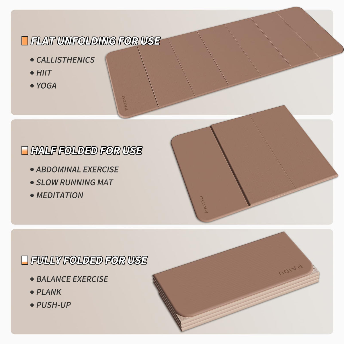Foldable Yoga Mat 10MM Thick SGS Certified TPE 75x26" Portable (Brown + apricot)