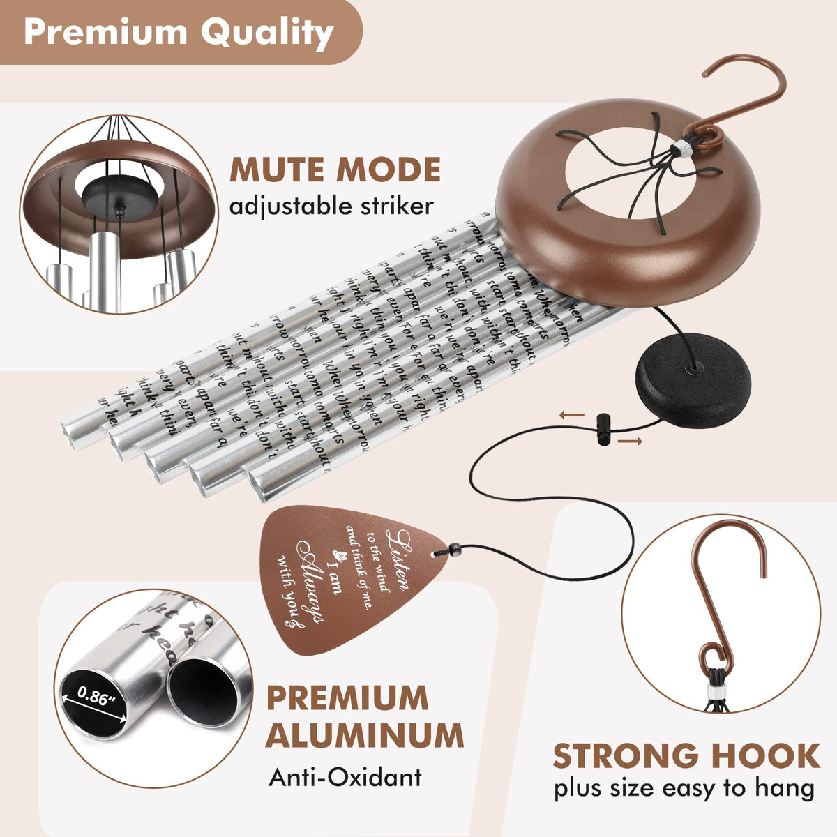 32'' Sympathy Wind Chimes Memorial Gift for Loss of Loved One Brown (32 inches)