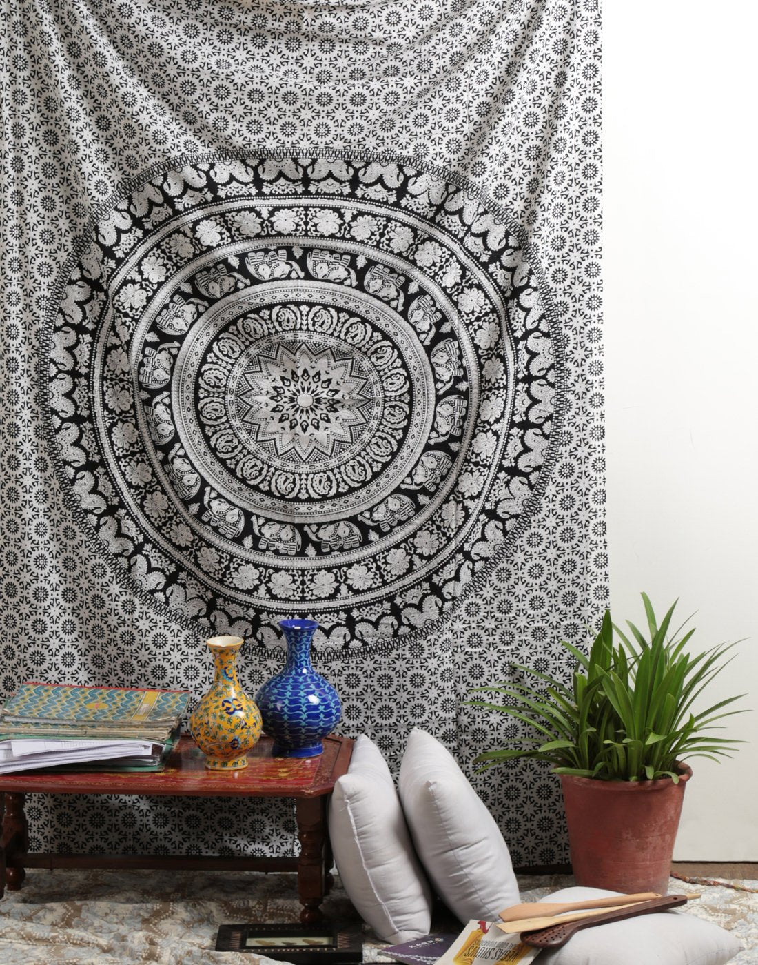 Indian Mandala Tapestry Wall Hanging Black and White Elephant Hippy Tapestries Twin Hippie Beach Throw College Dorm Decor Bohemian Boho Bedsheet (Black & White / 84"L x 54"W)