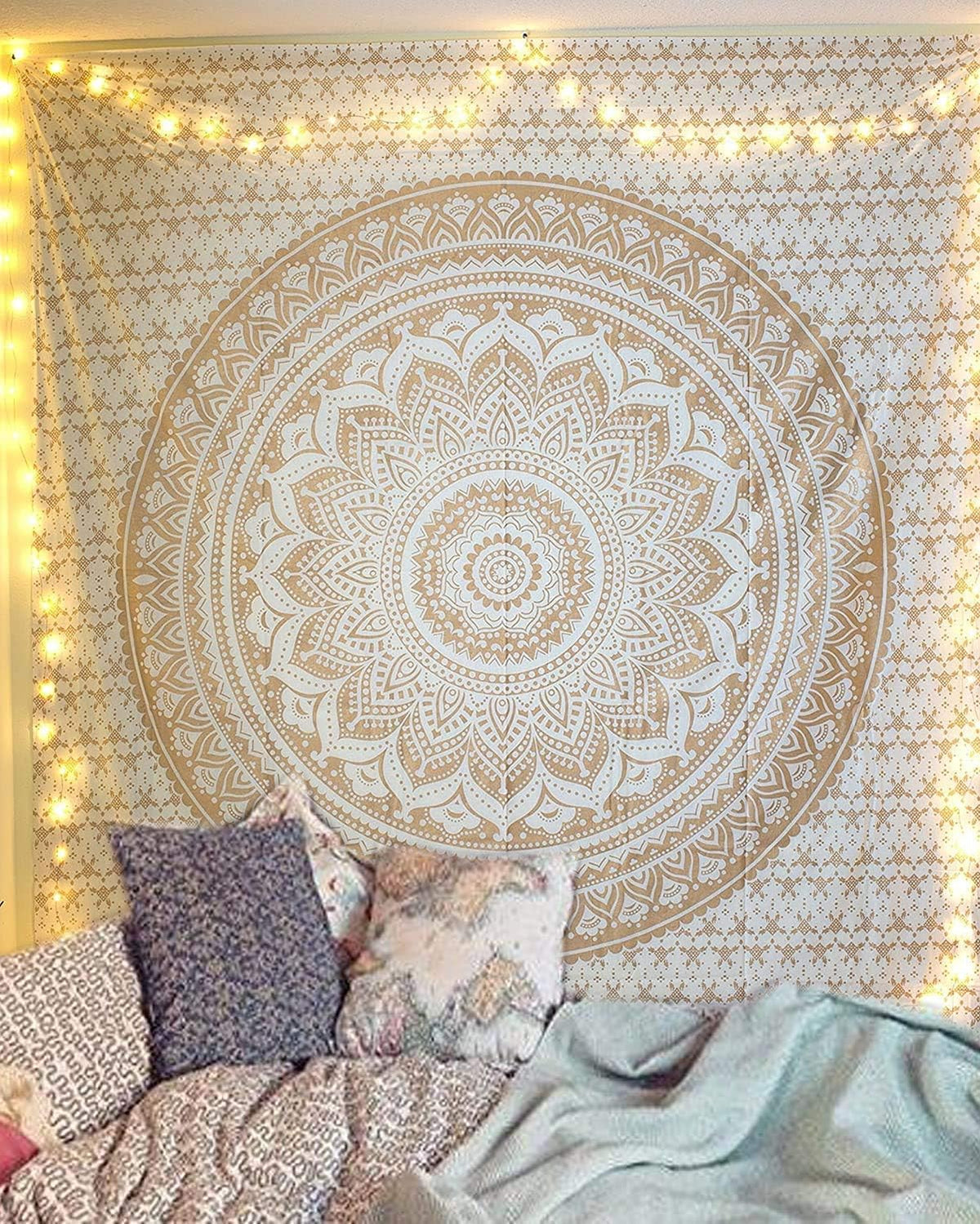 Handmade Cotton Mandala Wall Tapestry (White Gold / 40"L x 30"W)