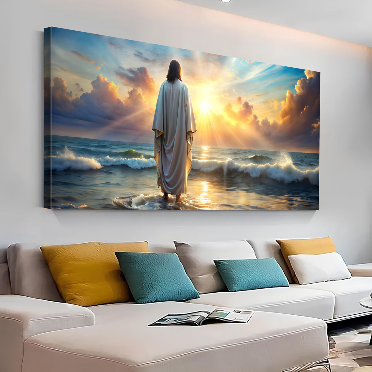 Jesus Walking on Water Wall Art Inspirational Biblical Wall Decor Jesus Walking on Sunset Ocean Picture Christian Religious Painting Decor Nature Beach Poster Artwork Church Home Decorations 30x60” (60"L x 30"W / JESUS01)