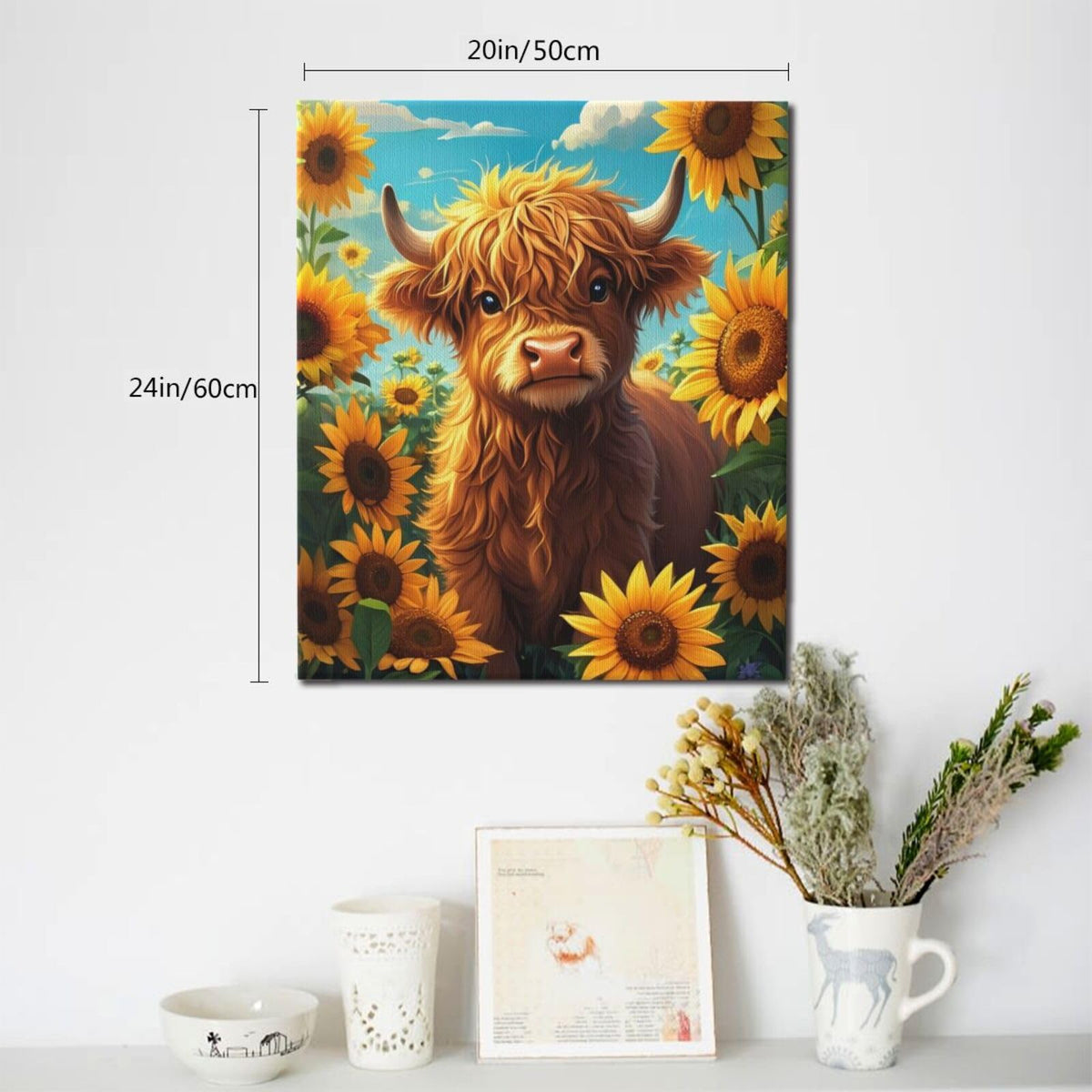 Rustic Country Highland Cow Wall Art For Kids Cow Sunflower Nursery Canvas Wall Decor Farm Animal Pictures Paintings Prints Cattle Artwork Framed Decorations For Bathroom Bedroom Living Room Office Gifts 20" x 24" (Highland Cow / 24"L x 20"W)