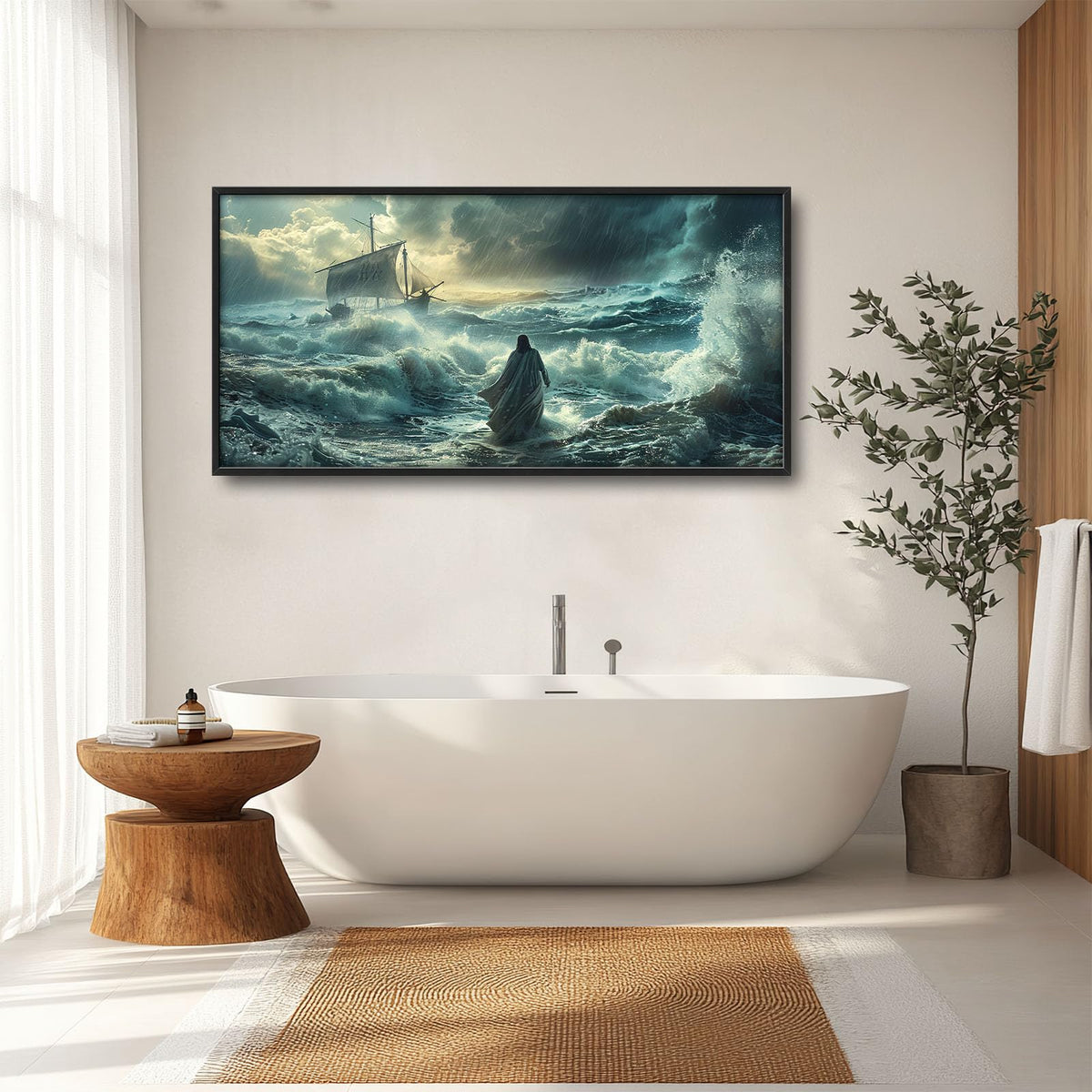 Christian Jesus Large Wall Art Beach Religious Pictures Wall Decor Coastal Ocean Canvas Painting Modern Artwork Home Decoration for Living Room Bathroom Bedroom Office Framed 60"x30" (Jesus / 60"L x 30"W)