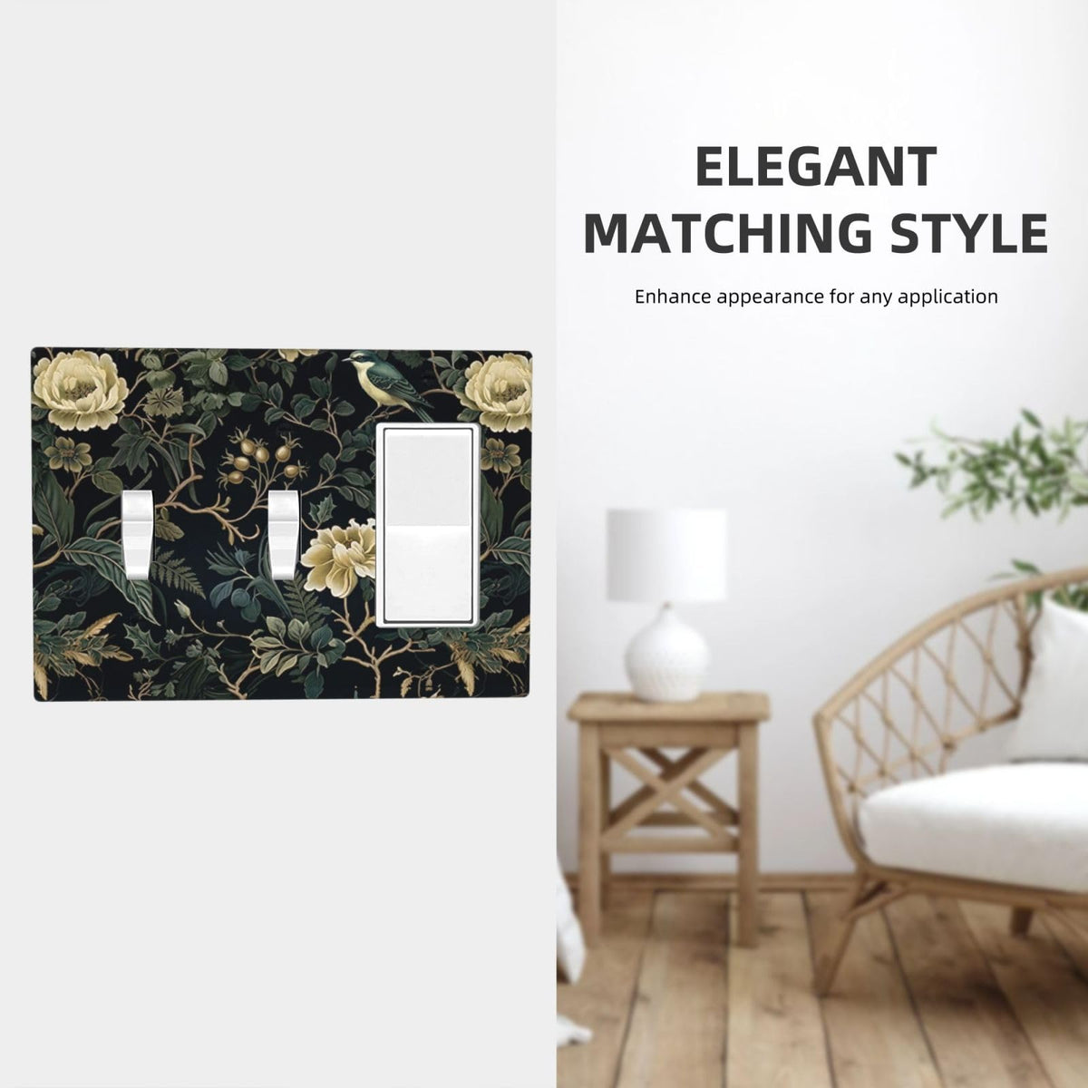 Spring Black Boho Floral Leaf 3 Gang 2 Toggle 1 Decorator (Spring Black Boho Floral Leaf / 2 Toggle 1 Decorator)