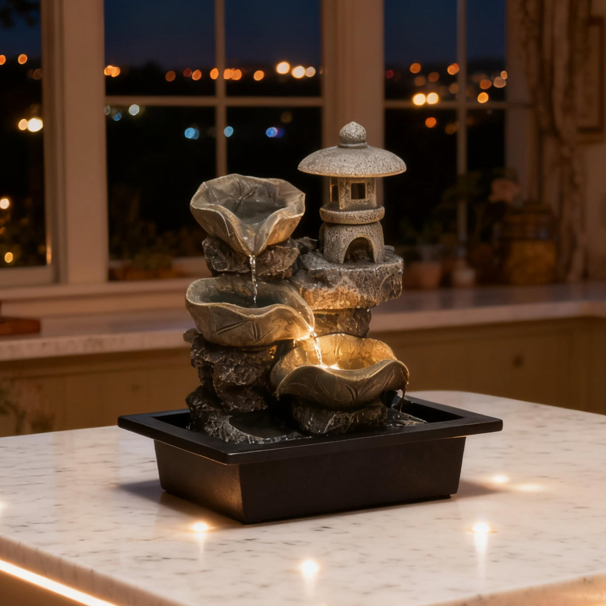 Indoor Tabletop Waterfall Fountain with Rock Pagoda & Lotus Leaf (Style 8)
