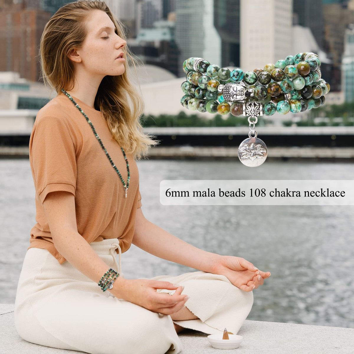 108 Mala Beads Necklace Beaded Wrap Bracelets Genuine Gemstone Mala Prayer Beads Lotus Charm Yoga Meditation Necklace (Rhodochrosite-Lotus OM-Buddha)