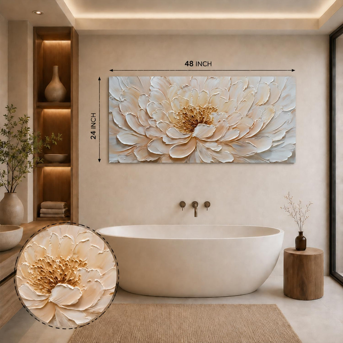White Lotus Flower Canvas Wall Art Textured Lotus Floral Picture Women Bedroom Decor Modern Wall Decor for Living Room Minimalist Bouquet Painting Artwork for Home Office Decorations 24x48” (48"L x 24"W / White Lotus)