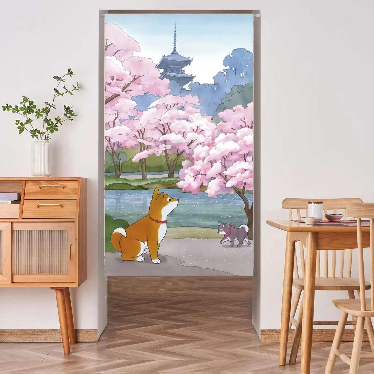 Noren Japanese Doorway Curtain Cherry Blossom Akita Inu Puppy Asian Tapestry Decorations Room Divider Privacy Anime Curtains Oriental Traditional Chinese (Sakura and Akita-dog / 33.5"W x 59"L (Pack of 1))