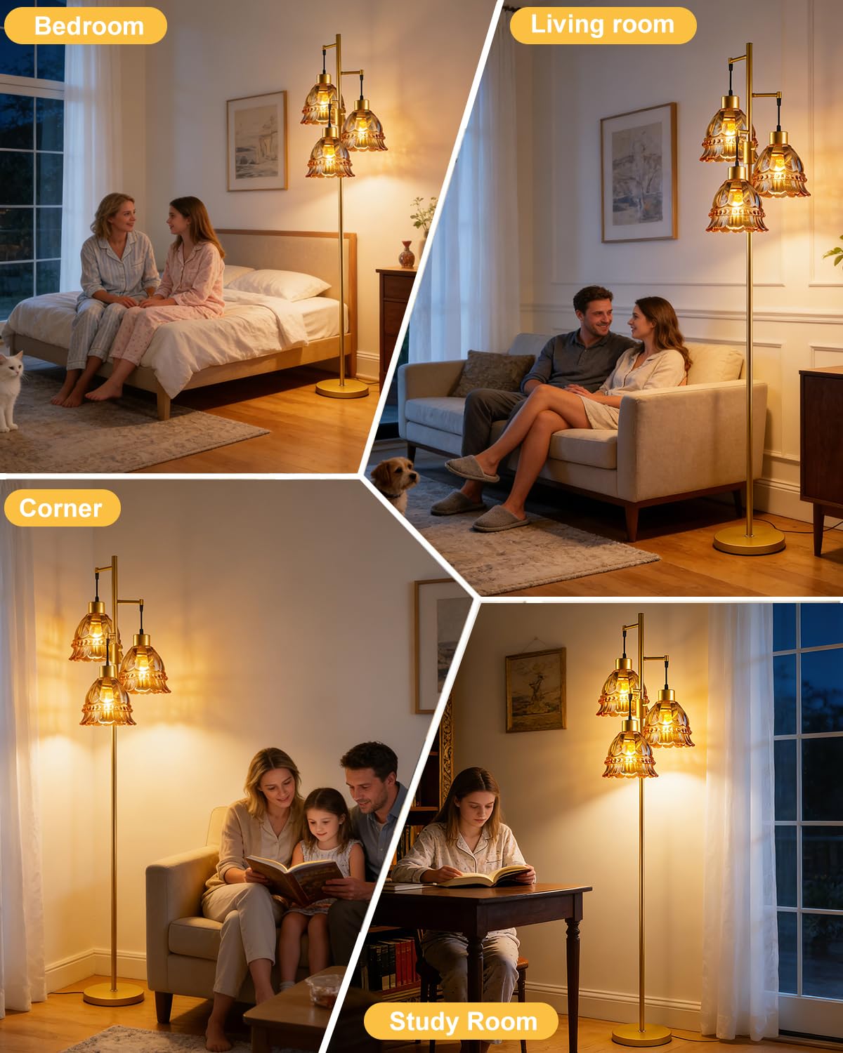 3 Lights Amber Glass Floor Lamp Dimmable Gold Floor Lamps Unique (3 Amber Bell-Gold)