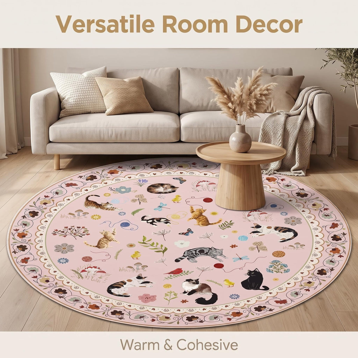 Animal Cat Round Area Rug 4ft (Daily-pink / 4' (Round))