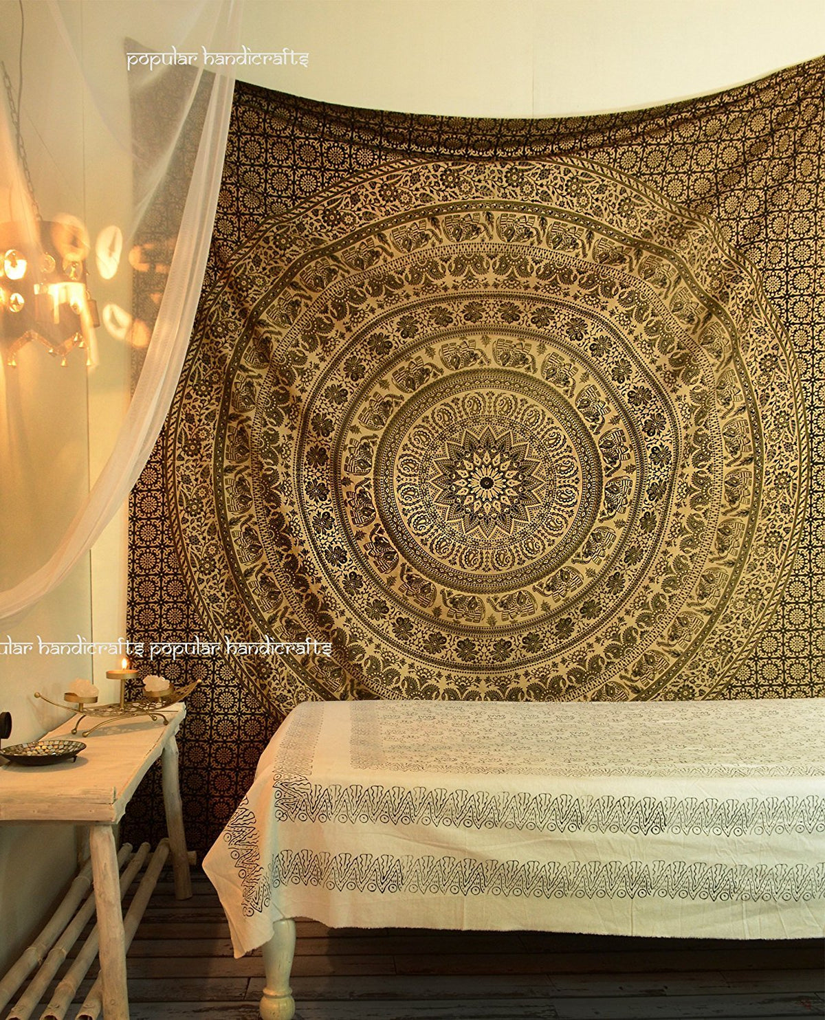 Wall Hanging Tapestry for Bedroom Gold Elephant Indian Mandala Wall Art (108"L x 90"W / Black Gold)