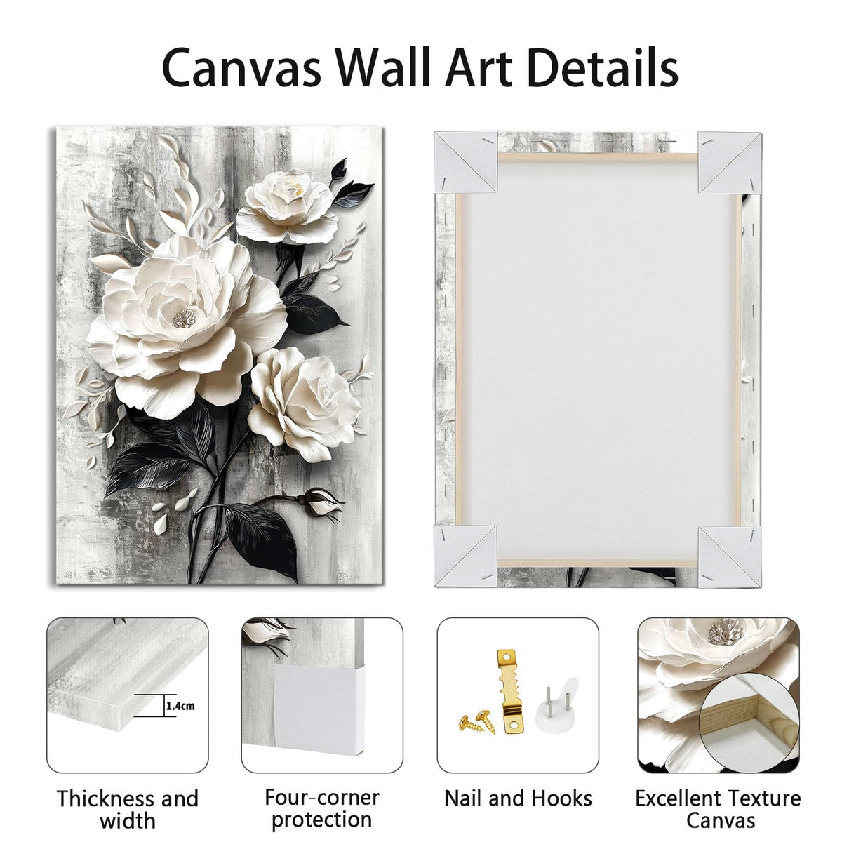 Elegant Rose Canvas Wall Art Print Modern White and Black Floral Picture Poster Abstract Blooming Flowers Painting Vintage Artwork for Living Room Bedroom Bathroom Office 12x16in (White Roses / 16"L x 12"W)