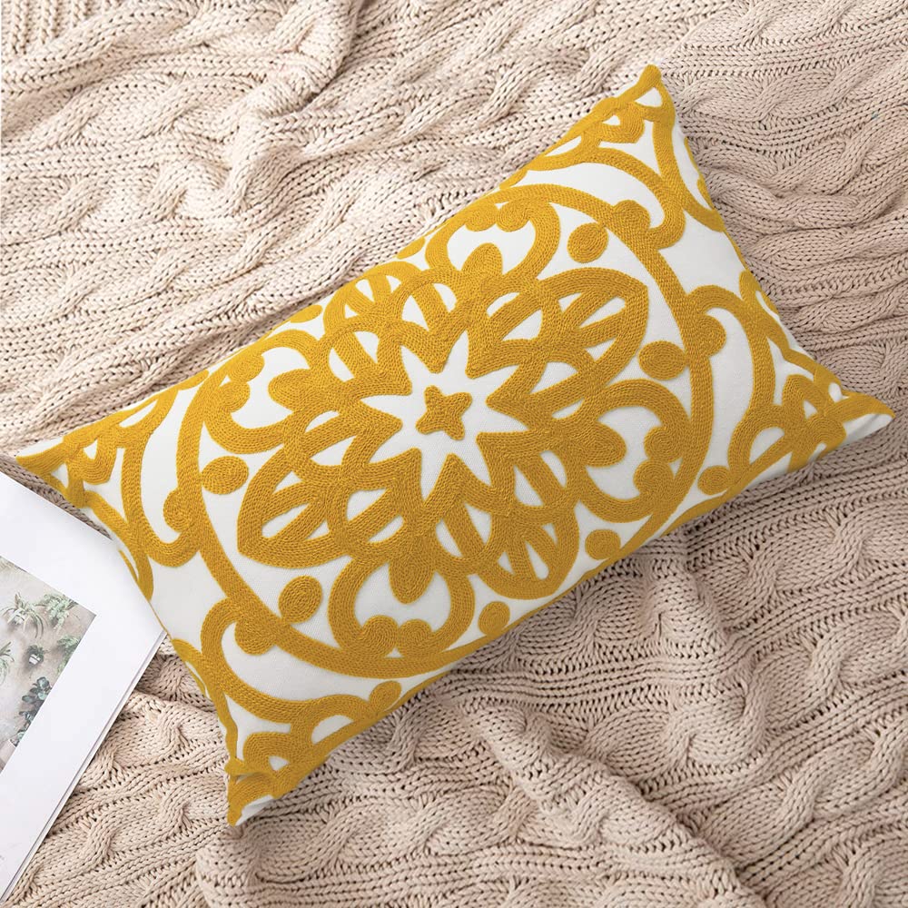 Boho Embroidered Lumbar Throw Pillow Cover 12"x 20" (Gold / 20" x 12" (Pack of 1))