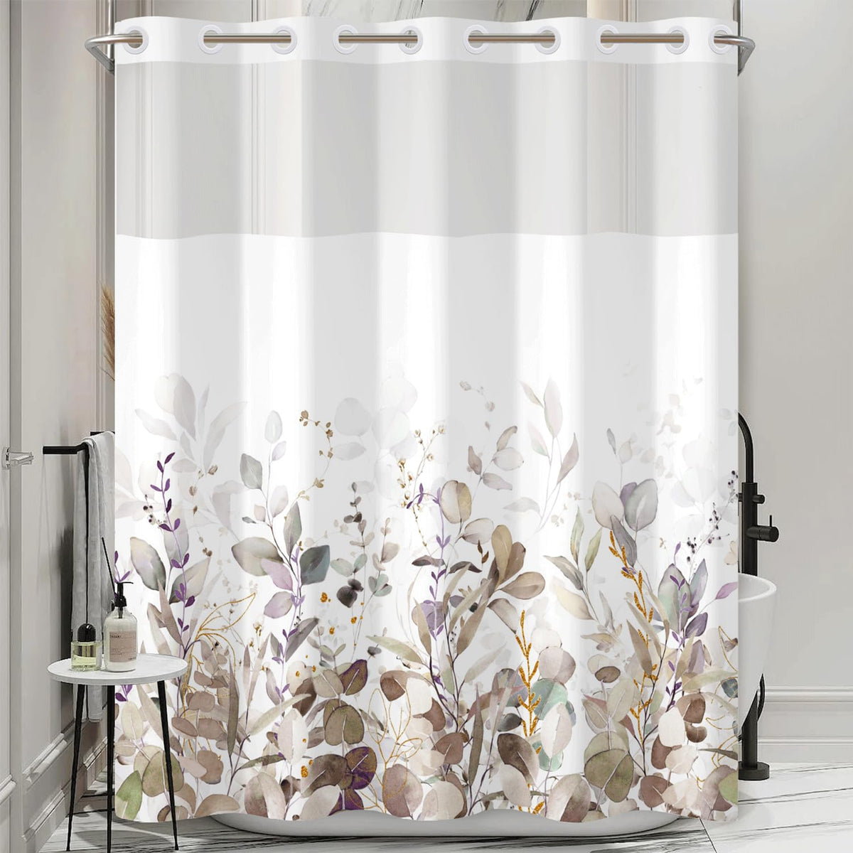 No Hook Shower Curtain with Snap in Liner Set (Botanical-3)