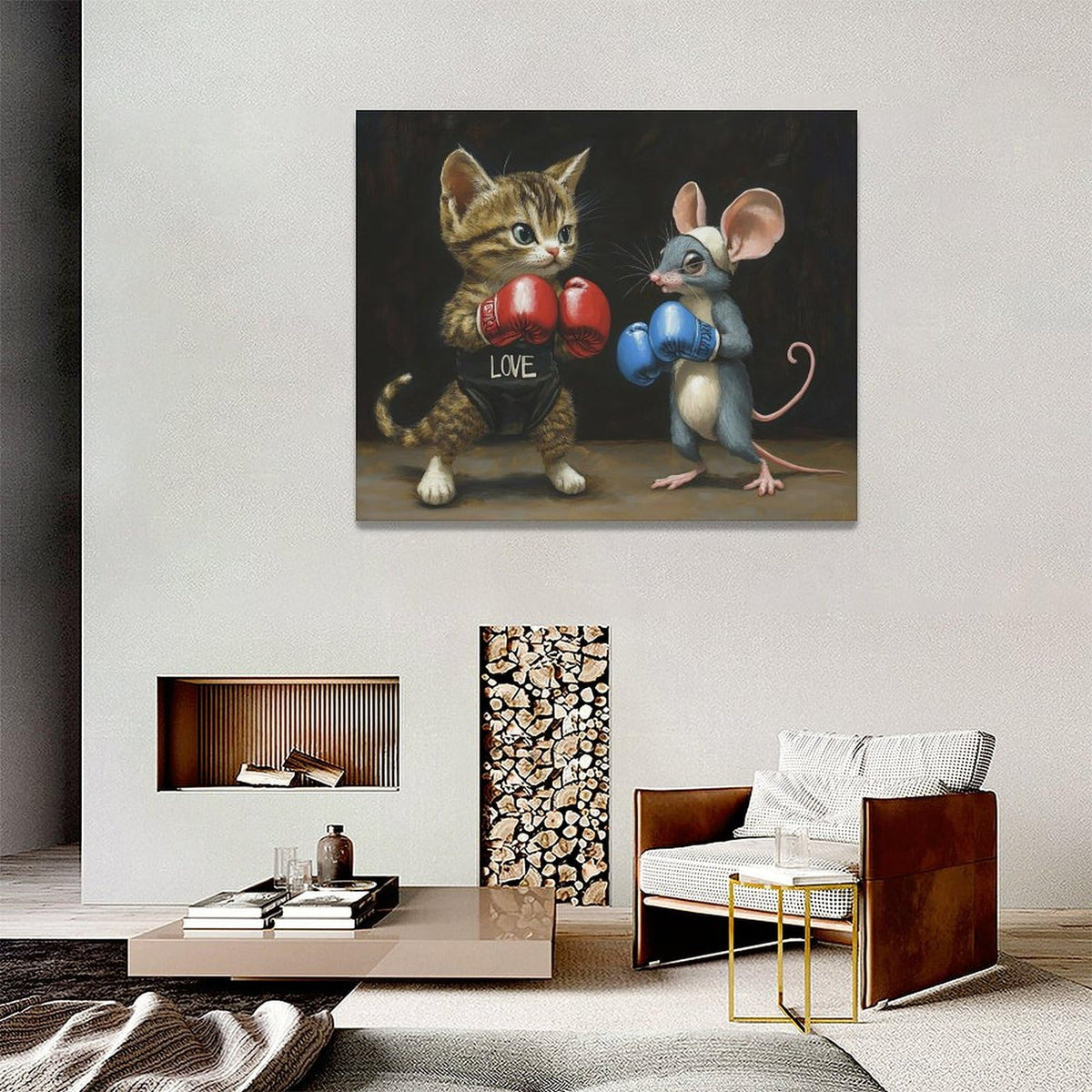 Cat And Mouse Wall Decor Funny Pictures Funny Cats Canvas Wall Art Painting Home Modern Artwork Decorations Framed for Living Room Bedroom Bathroom Office 20 x 16 inch (20L" x 16W" / Cat Mouse)
