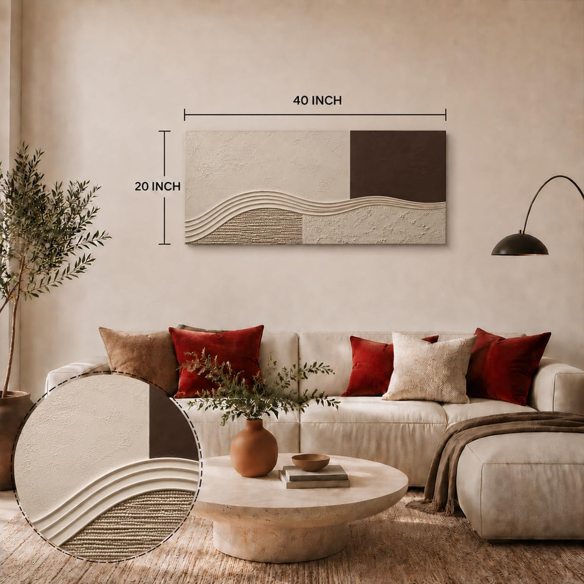 Neutral Textured Canvas Wall Art for Living Room (40"L x 20"W / Brown Neutral)
