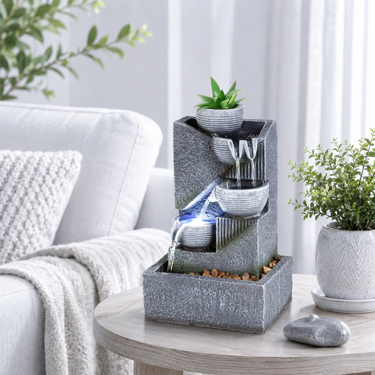 Water Fountains Indoor Waterfall Fountain Relaxing Water Feature Indoor Fountain Zen Meditation Tabletop Fountain with LED Light & Artificial Green Plants for Home Office Bedroom Decor (Style 11)