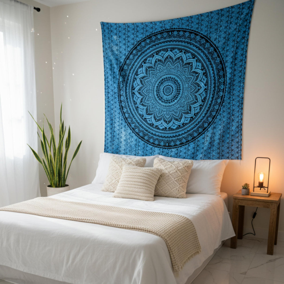 Hand Block Printed Cotton Mandala Wall Tapestry (Blue / 60"L x 50"W)