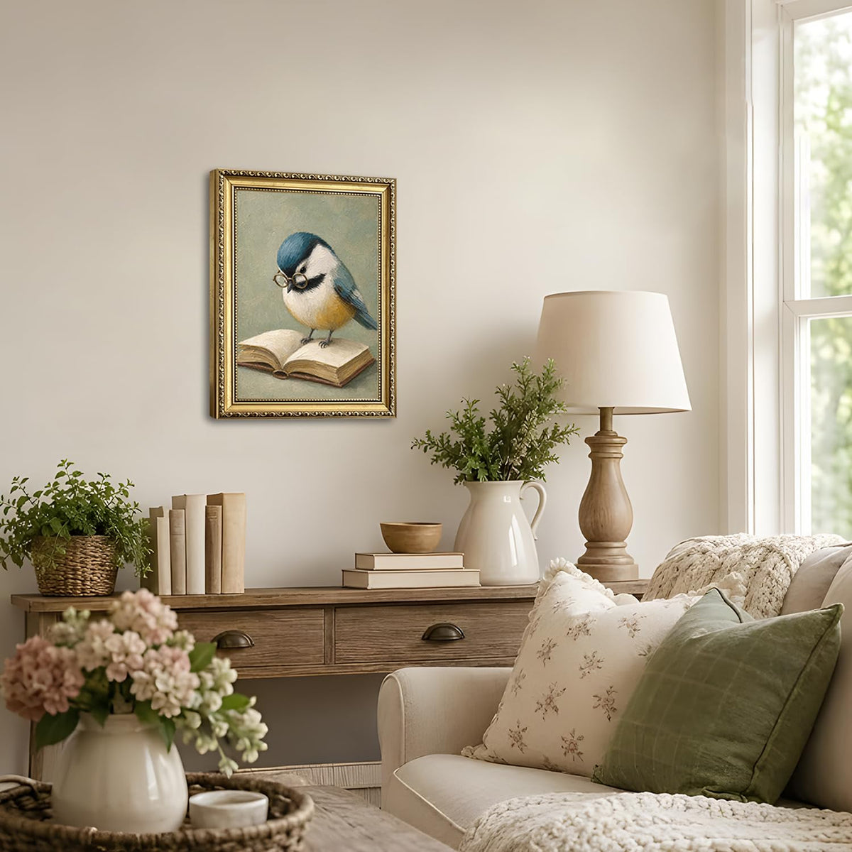 Vintage Blue Bird Reading Wall Art Cute Bird Book Lover Wall Decor Picture Whimsical Animal Poster Canvas Painting Print for Library Living Room Bedroom 24x16 in Gold Framed (Animal-DD / 24"L x 16"W)