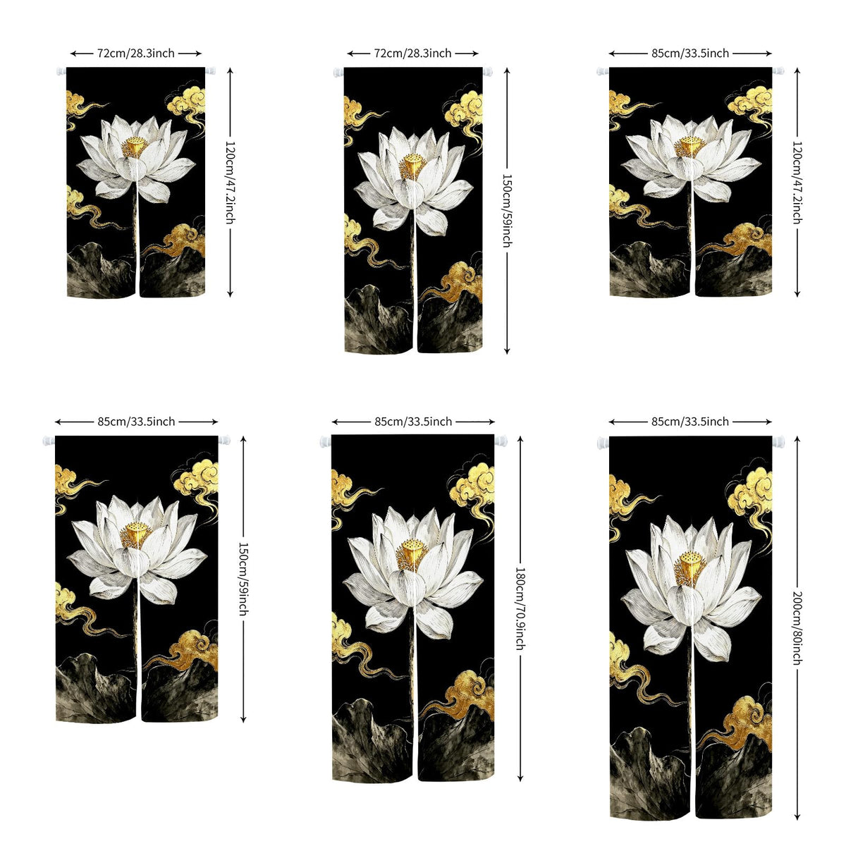 Lotus Noren Curtain (Black White / 28.3"W x 59"L (Pack of 1))