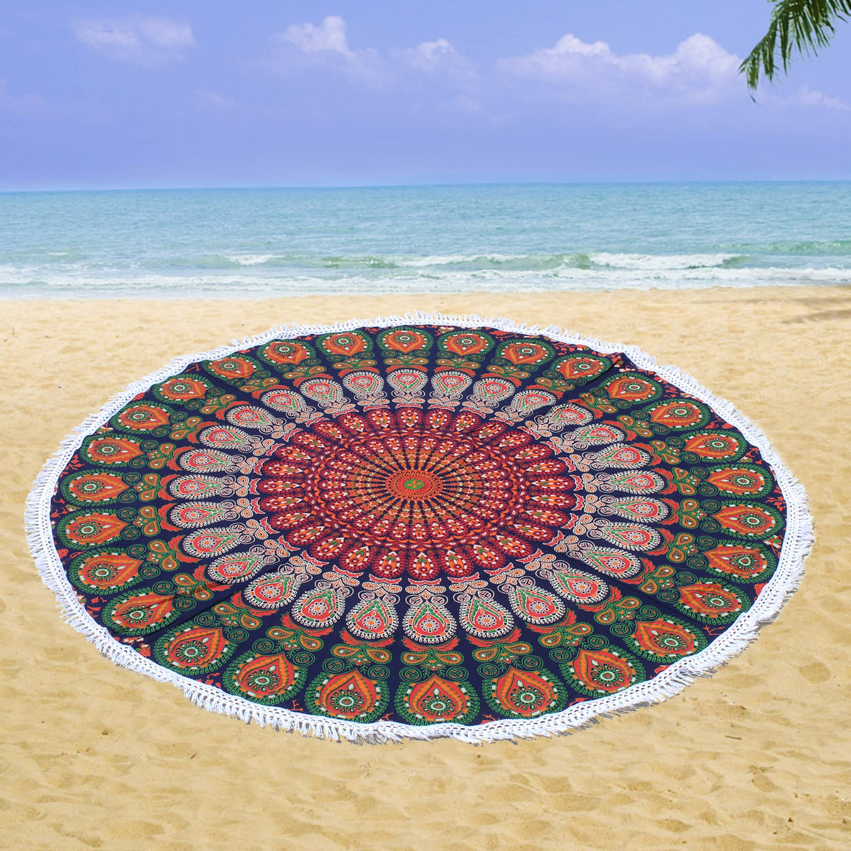 Round Beach Tapestry Turquoise Mandala Throw (3'6" (Round) / Orange and Green)