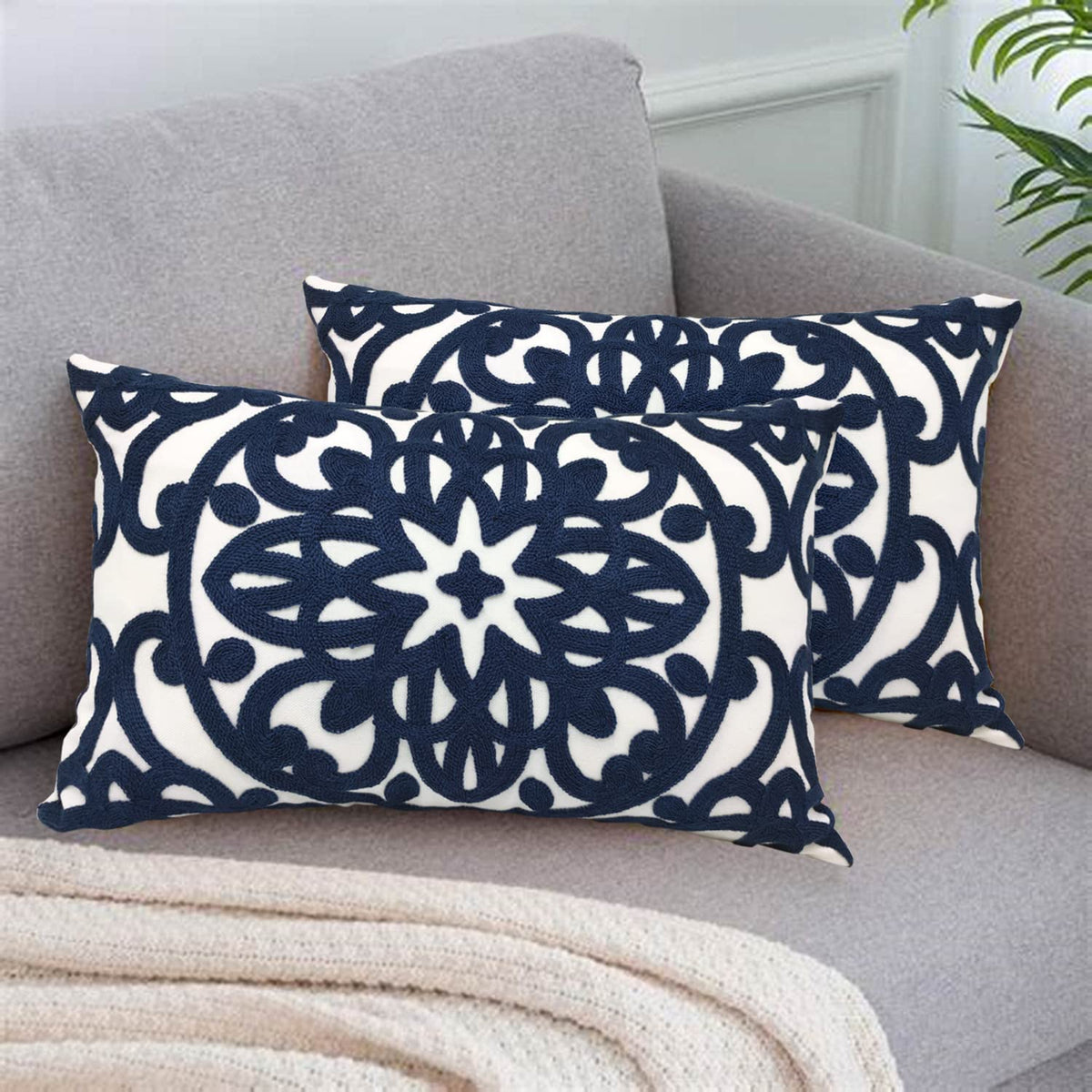 Boho Embroidered Lumbar Throw Pillow Cover 12"x 20" Set of 2 Navy (Navy / 20" x 12" (Pack of 2))