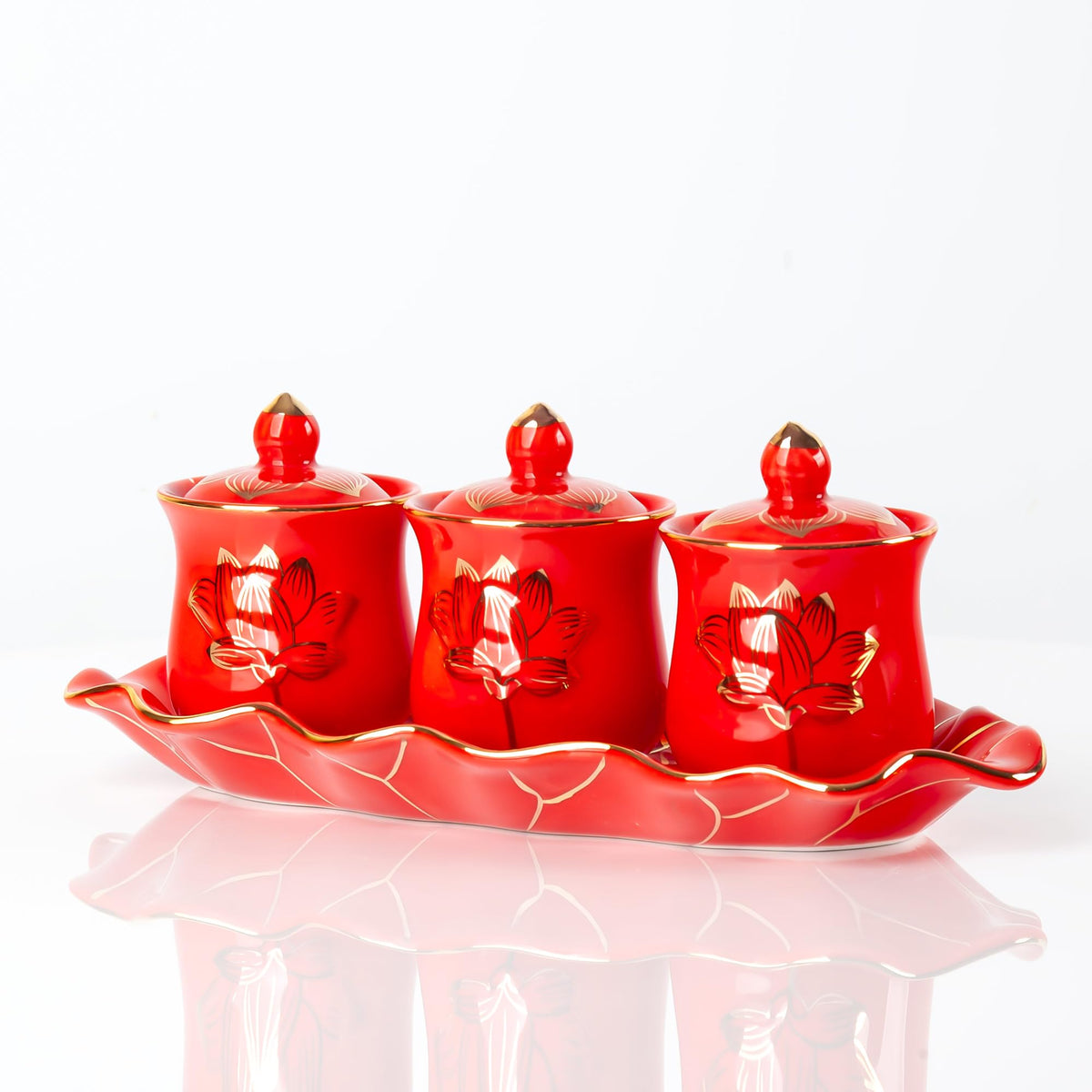 Red Buddhist 3 Altar Cups Set (3 Red Ceramic Cup Set)