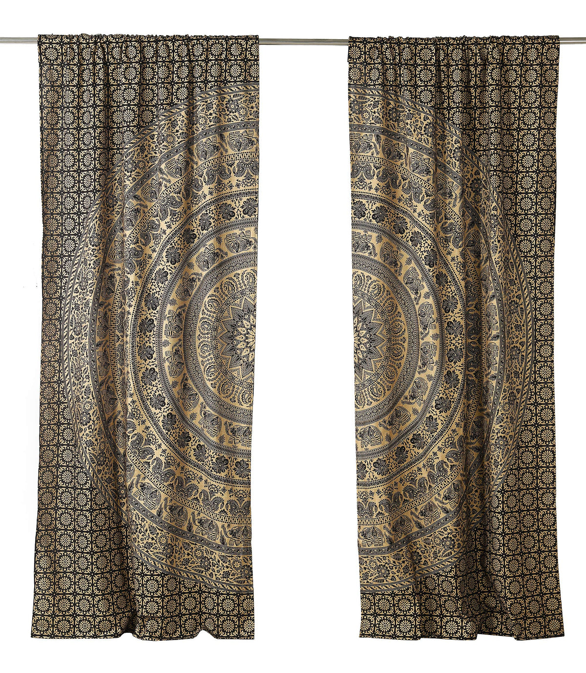 Indian Hippie Bohemian Beautiful Elephant Color Mandala Curtain Panels Black Gold (38"W x 83"L (Pack of 2) / Black Gold)