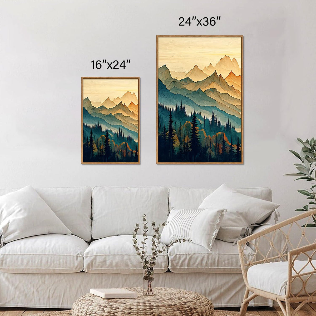 Large Mountain Framed Canvas Wall Art Set of 3 (Boho Mountains / 36"L x 24"W)