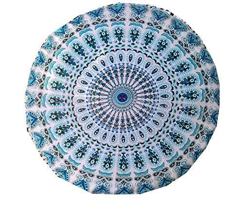 32" in Round Mandala Floor Pillow Cushion Cover Seating Throw Cover Hippie Decorative Bohemian Ottoman Poufs Pillow Cases Cover Boho Cotton Living Yoga Home Décor (Sky Blue Mirchi)