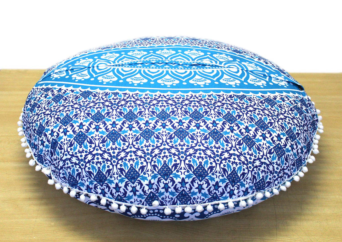 32" Large Round Bohemian Floor Pillow Cover Boho Pouf Cover Mandala Meditation Room Pillows Cover Adults Seating Poufs Cushion Cover for Kids Reading Playroom Blue Ombre (Blue Ombre)
