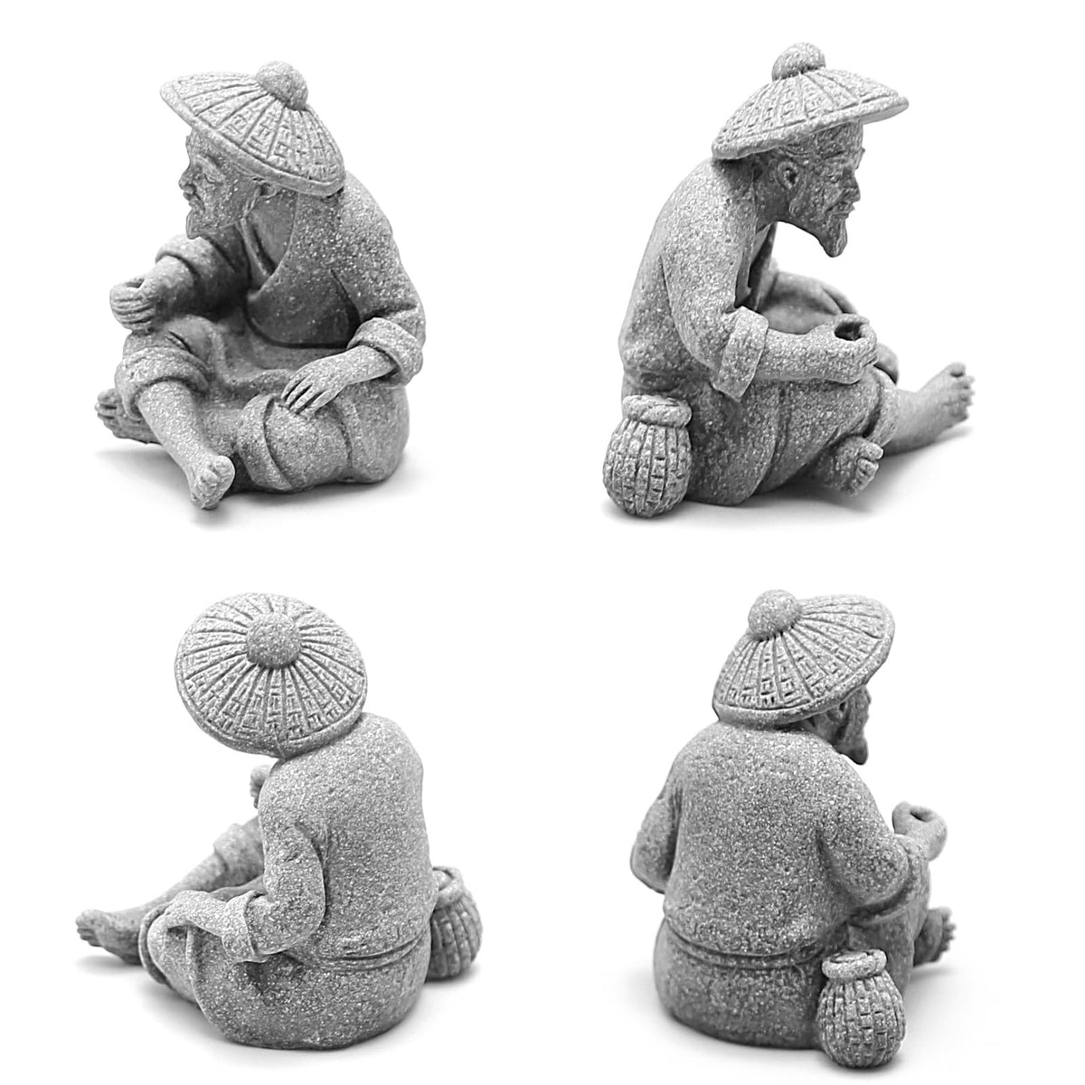 2PCS Sitting Fishing Figurines Sandstone Vintage Ornament Japanese Decor for Fish Tank Pot Garden Home Aquarium Mini Fisherman Statue Asian Zen Decoration (Medium Size)