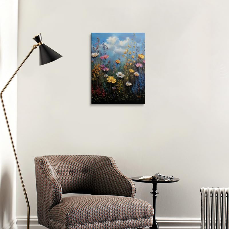 Vibrant Wildflower Field Canvas Wall Art Framed Floral Landscape Painting for Wall Decor 16x24 Inches (Blue sky and wildflowers / 24"L x 16"W)