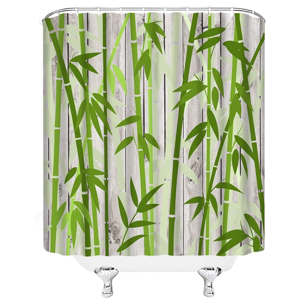 Bamboo Shower Curtain Green Bamboo Forest Tree Japanese Asain Art Rustic Vintage Wooden Board Wild Nature Plant Scenic Watercolor Fresh Spa Fabric Bathroom Sets with Hooks (Green Grey / 70"W x 78"L (Pack of 1))