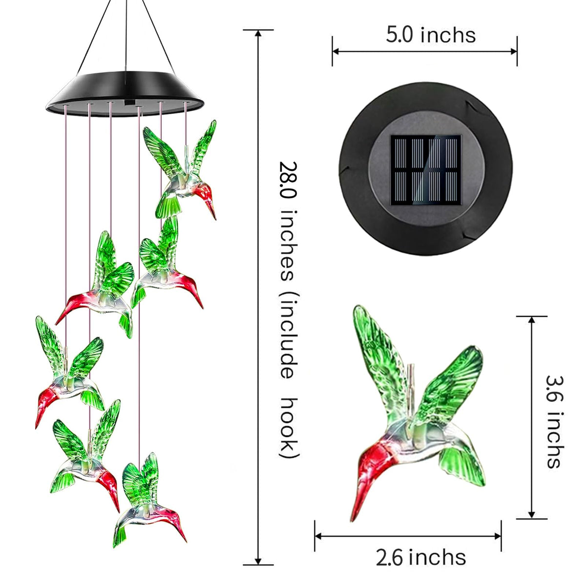 Hummingbird Solar Wind Chimes for Outside Color Changing