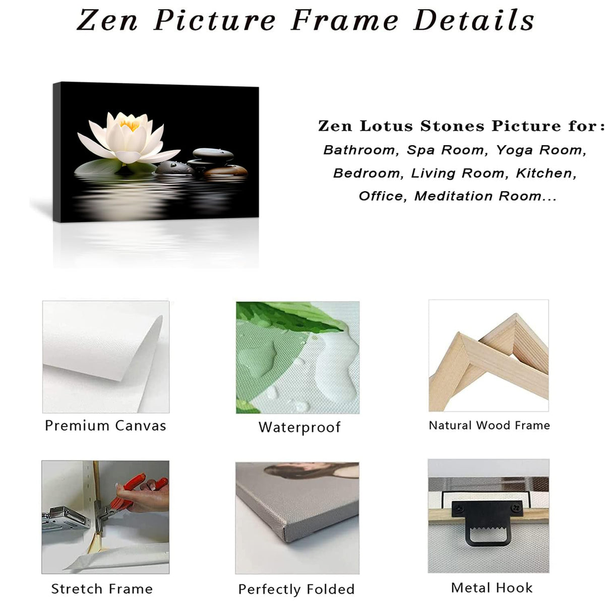 Zen Wall Art Lotus Flowers Stones on Water Pictures Canvas Prints Bathroom Decor Spa Artwork for Yoga Meditation Room Spiritual Gifts (Zen-3 / 24"L x 36"W)