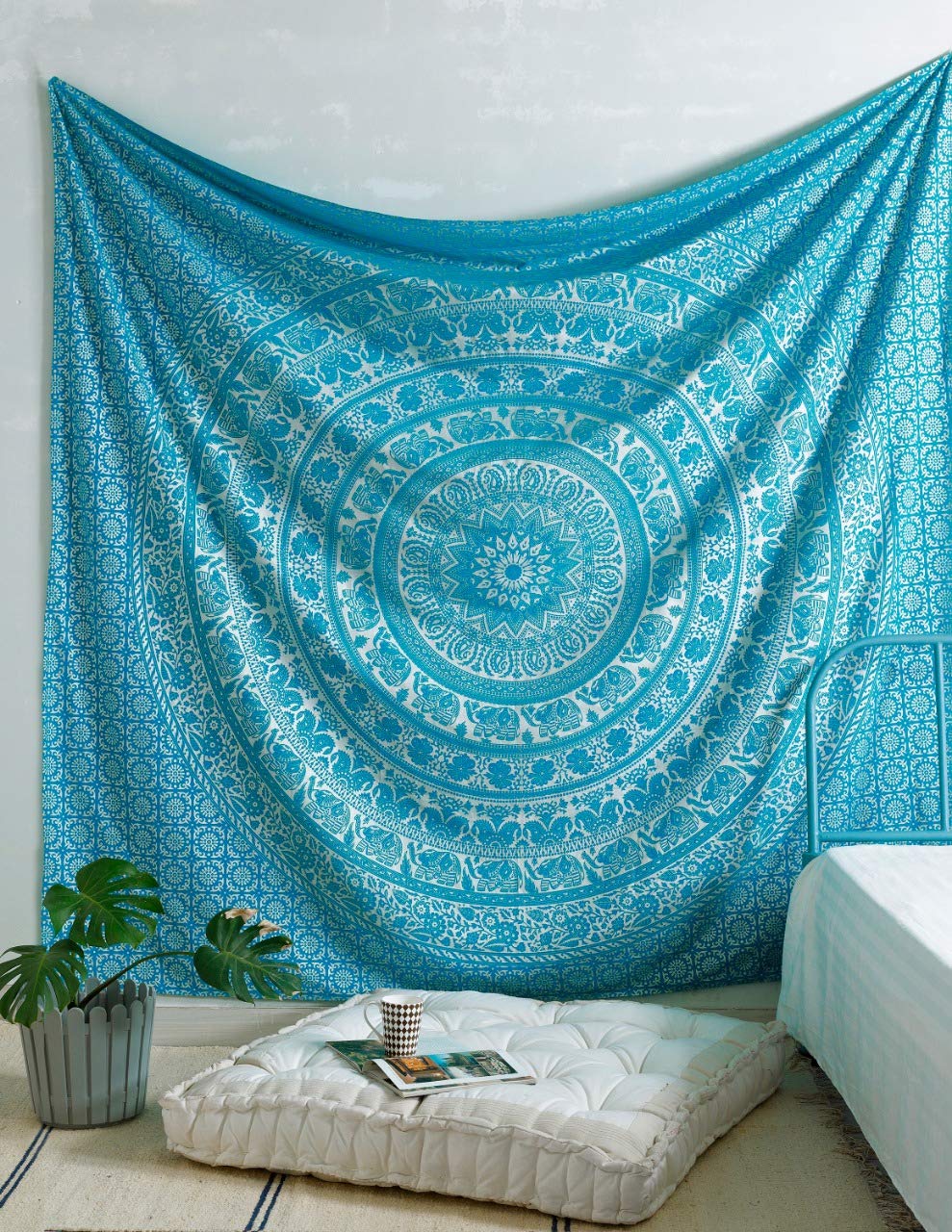 New Launched Elephant Tapestry Mandala tapestries Wall Art Hippie Wall Hanging Bohemian Bedspread With Metallic Shine Tapestries Tarquoise and Silver (82"L x 54"W / Tarquoise Silver)