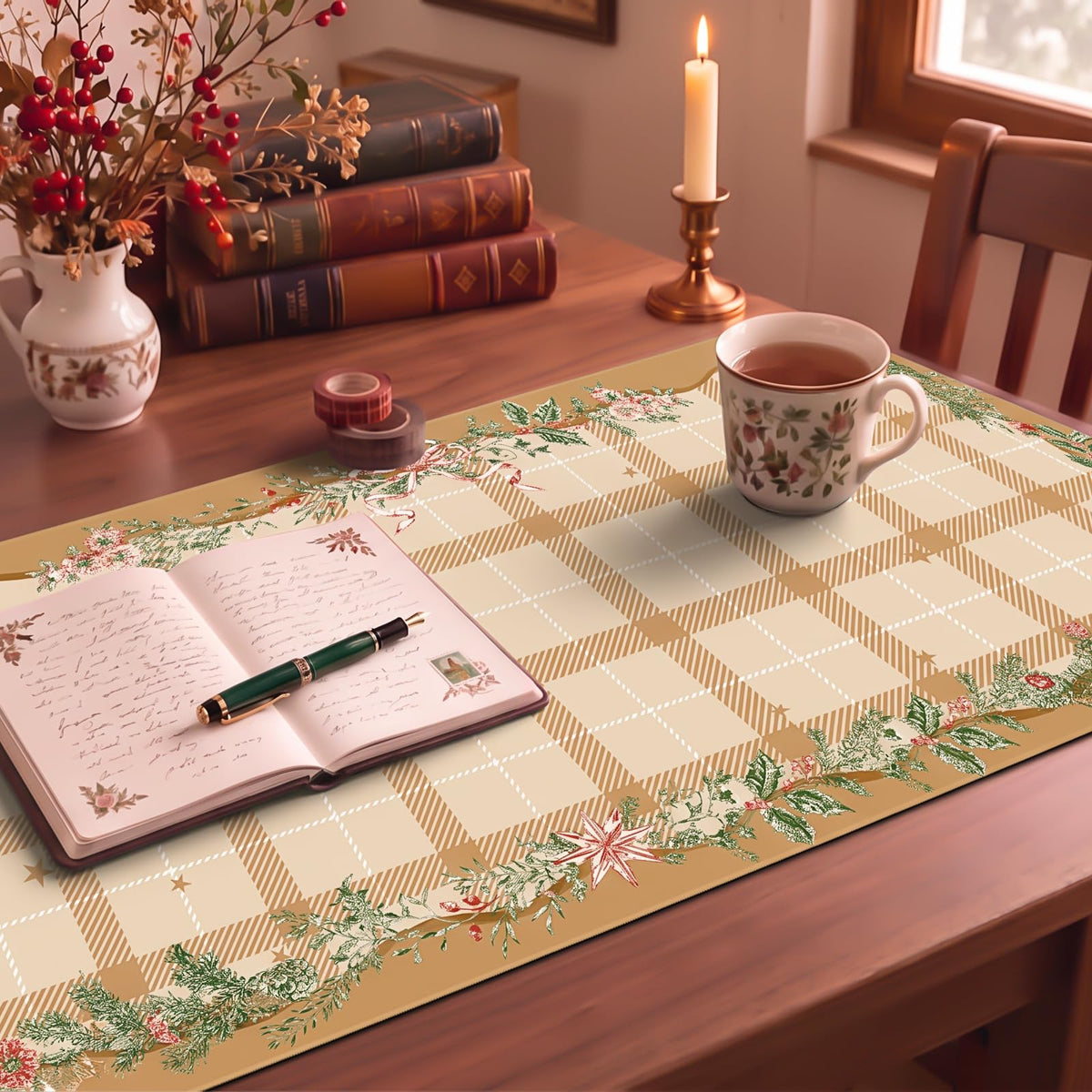 Xmas Plaid Desk Mat (Tan Plaid Holly / 35.4" x 15.7")
