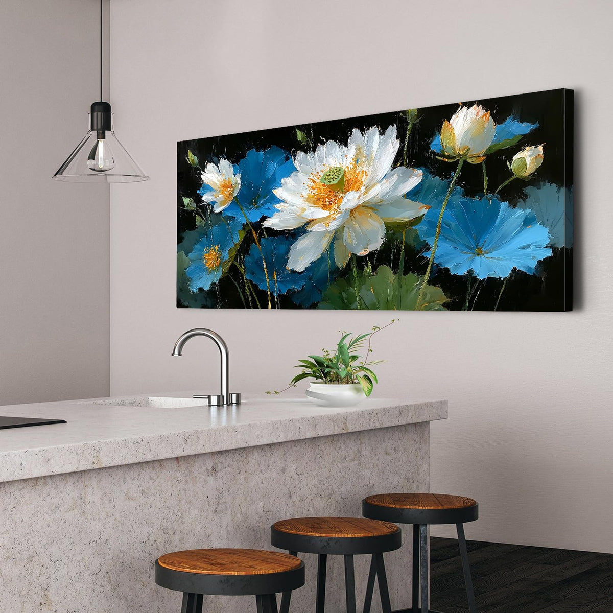 Vintage Abstract Lotus Flower Canvas Wall Art Boho Bedroom Home Decor Zen Floral Picture Blue and White Lotus Painting for Living Room Office Meditation Room Artwork Poster Decorations 24x48” (48"L x 24"W / Blue Lotus)