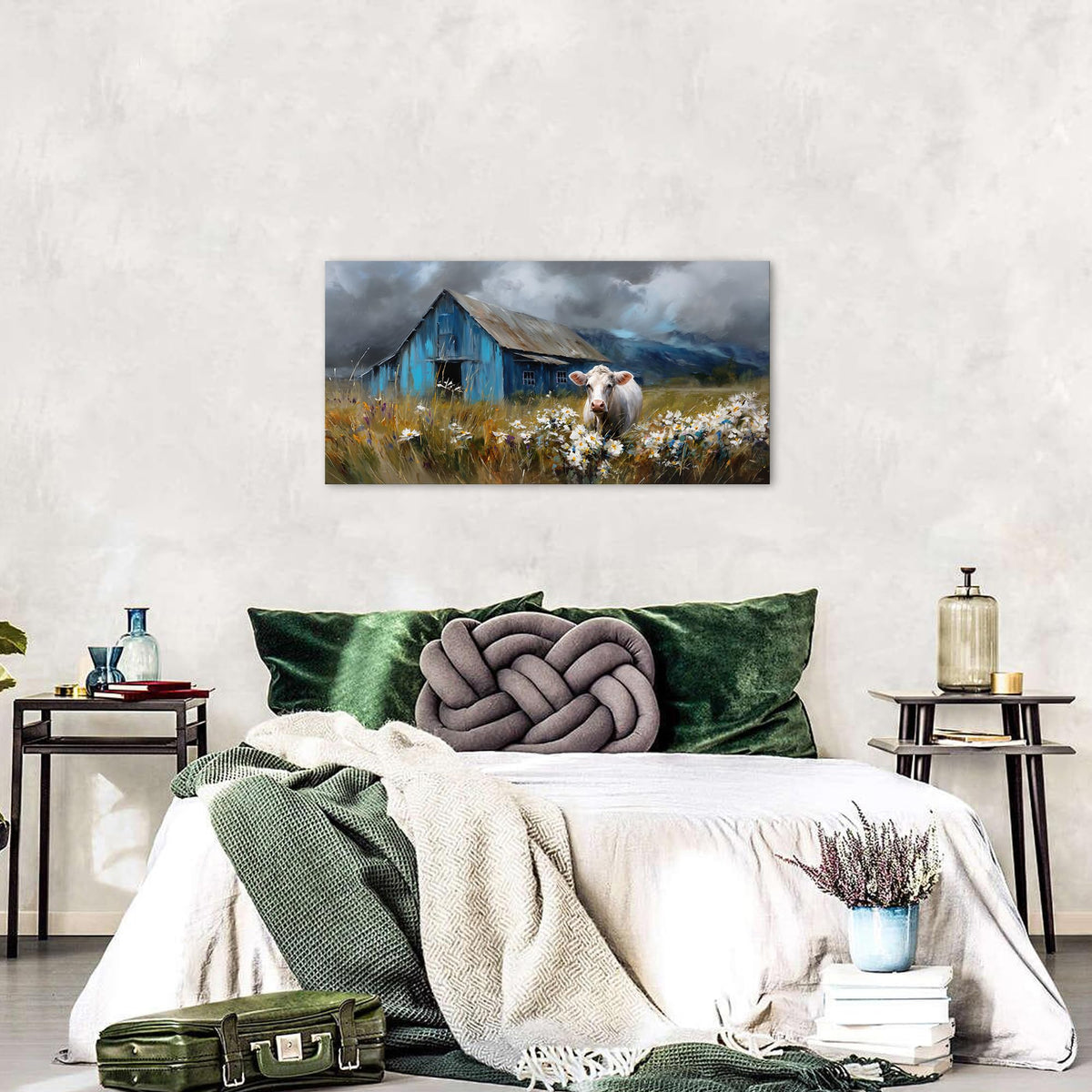 Farmhouse Barn Wall Art Cow Pictures Wall Decor Rustic Blue Barn Landscape Kitchen Wall Decor Country Wildflower Meadow Field Canvas Prints Artwork for Living Room Dining Room Home Decoration 20x40" (40"L x 20"W / Farmhouse)