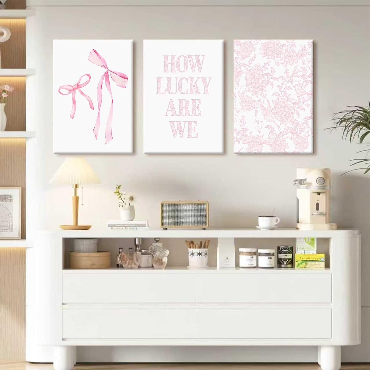 Pink Bow Floral Wall Art Preppy Aesthetic Canvas Wall Decor Trendy Coquette Posters Pink Bow Pictures Chinoiserie Flower Prints Painting for Girls Dorm College Apartment 16x24 Inch Ready to Hang 3Pcs (Pink Art / 16x24 Inch Wrapped Canvas)