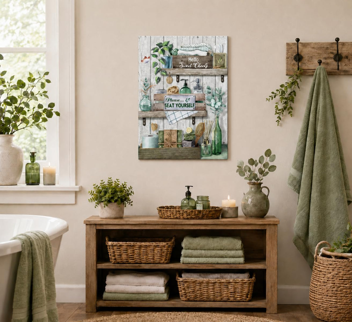 Sage Green Bathroom Canvas Wall Art 12x16Inches (Green Canvas / 16"L x 12"W)