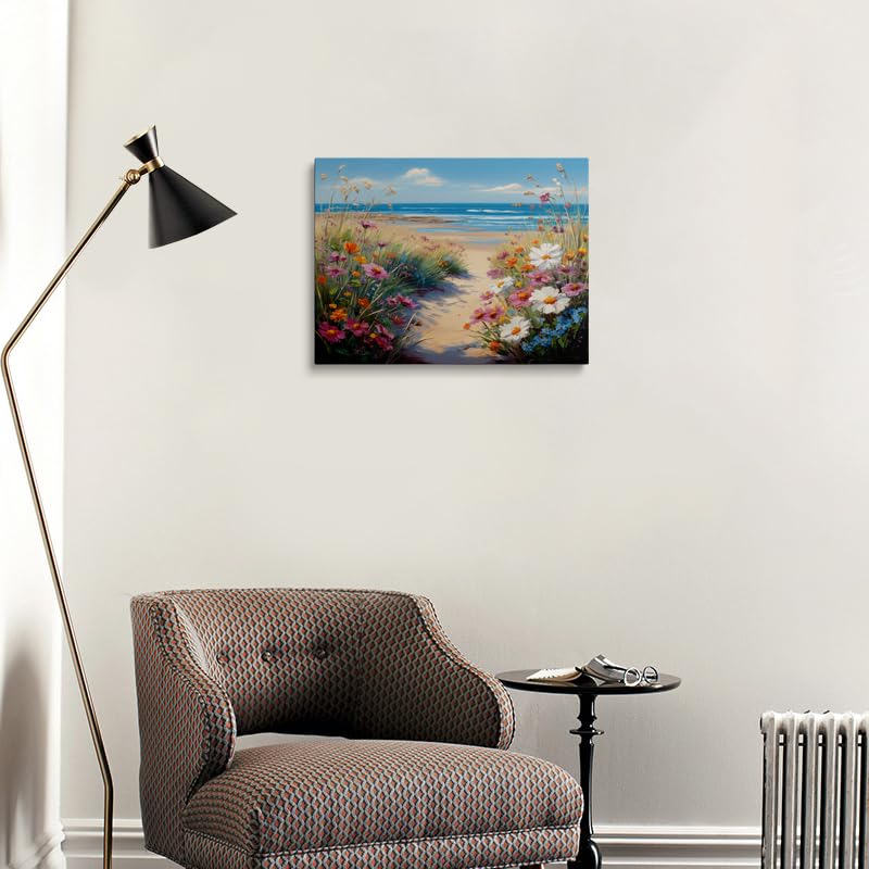 Serene Coastal Path Canvas Wall Art Framed Painting Beach Landscape with Dune Grasses Wildflowers Calm Turquoise Ocean Calming Nature Wall Decor Artwork Print Poster 12x16 Inches (Wildflowers by the sea / 16"L x 12"W)