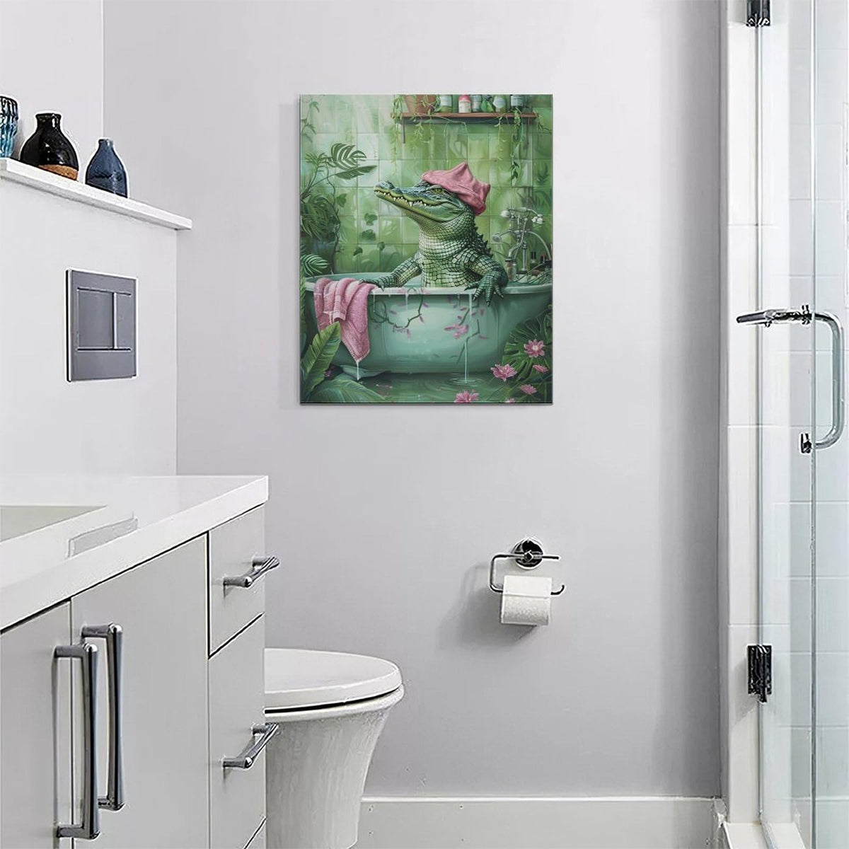 Bathroom Crocodile Wall Art Alligator Bathroom Pictures Wall Decor Funny Toilet Bathroom Canvas Painting Home Modern Artwork Decorations Framed for Restroom 16 x 20 inch (20"L x 16"W / Crocodile)