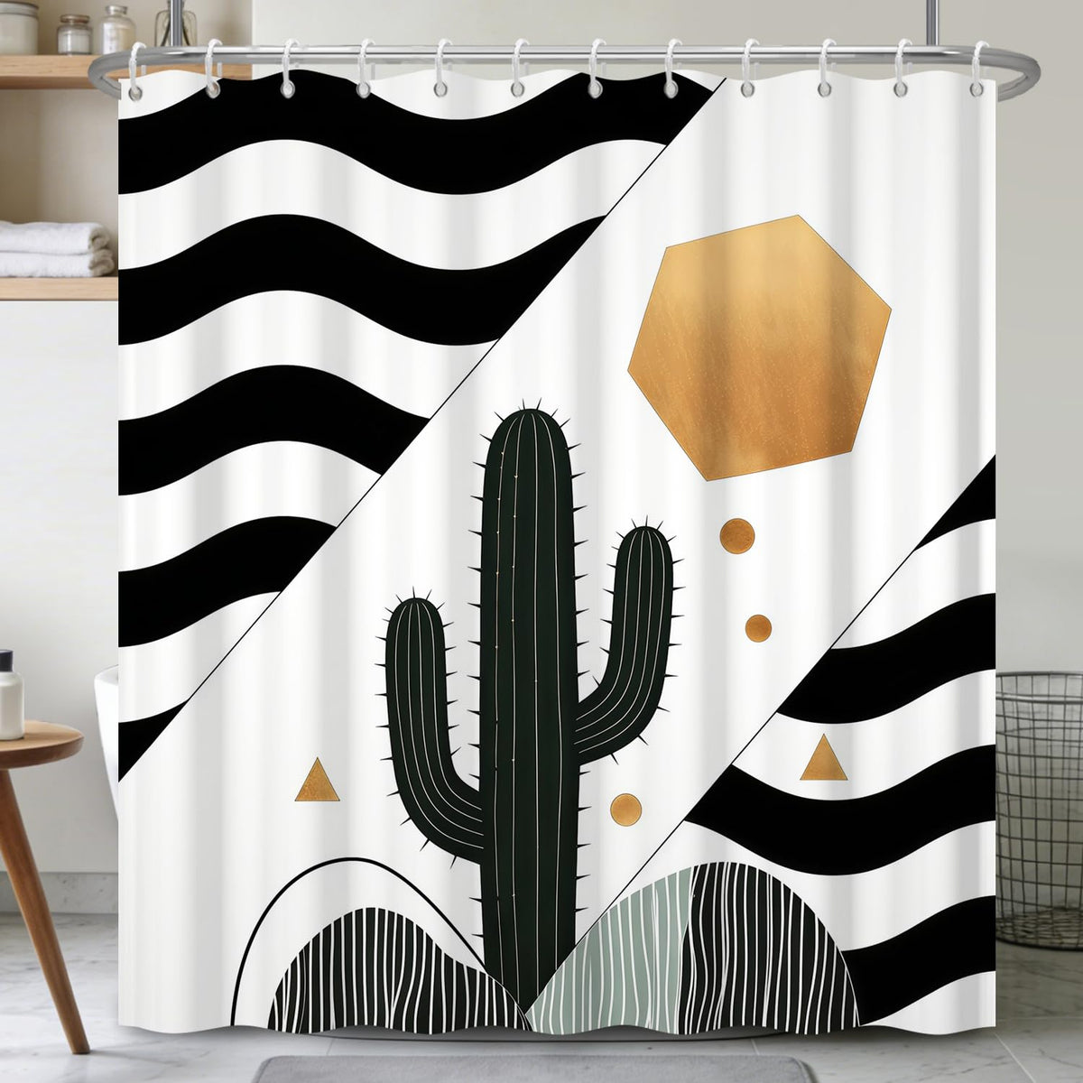 Abstract Cactus & Geometric Shower Curtain with Hooks (Cactus & Geometric)