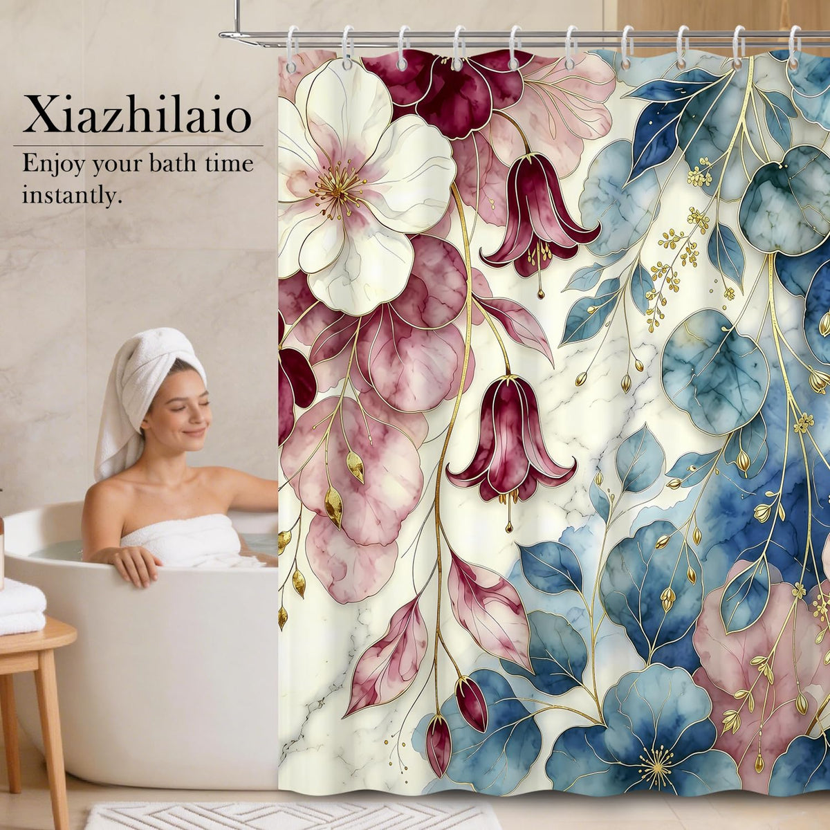Luxury Floral Shower Curtain with Hooks (Abstract Floral)
