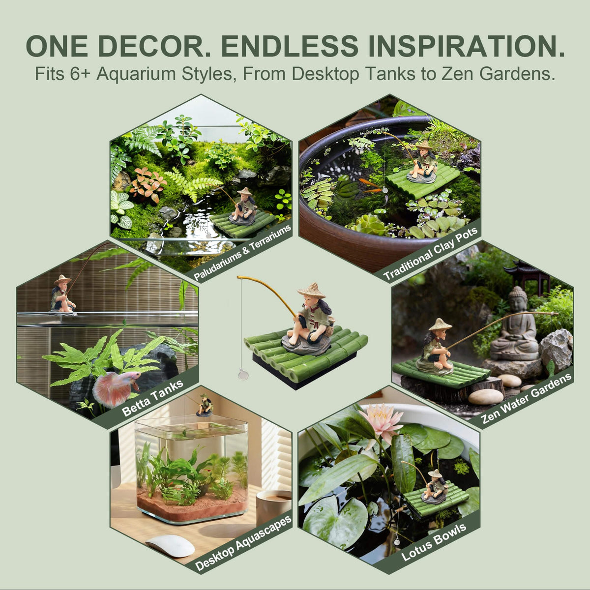 2-in-1 Floating Aquarium Decor, Fisherman Bamboo Raft for Fish Tank (Bamboo Raft (2-in-1))