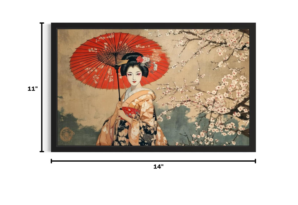 Geisha and Cherry Blossoms Framed Wall Art Print Poster (Geisha and Cherry Blossoms / 14"L x 11"W)