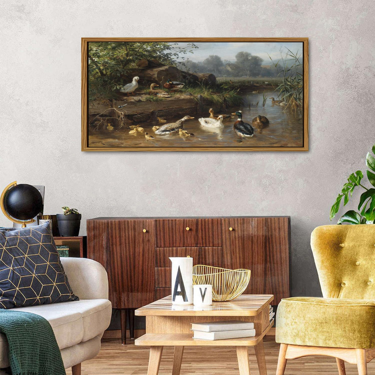Countryside Landscape Wall Art Framed Duck Wall Decor Vintage Picture Classical Country Field Canvas Painting Prints Poster Farmhouse Animals Scenic Artwork for Living Room Home Decorations 24x48 (24"L x 48"W / Duck)