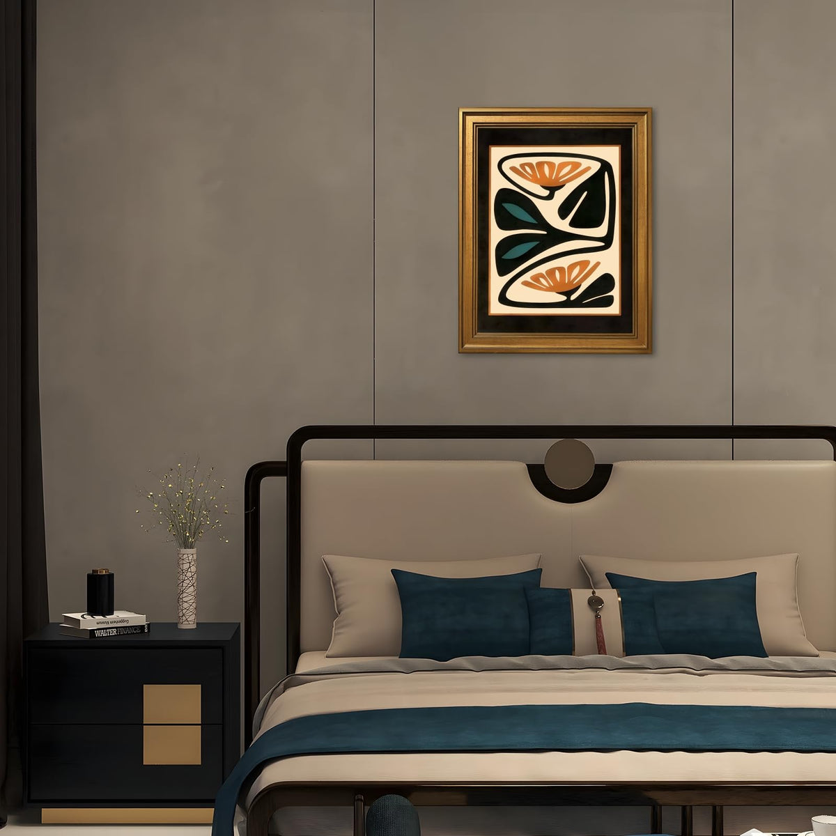 Framed Mid Century Modern Floral Wall Art Canvas Print Abstract Retro Flower Pictures Wall Decor Burnt Orange Teal Botanical Poster Contemporary Artwork for Living Room Bedroom Office 12x16inch Gold (12"L x 16"W / Style-4 Retro Gold Frame)